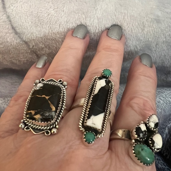 ❤️ Black Stallion Dahlia Turquoise 925 Navajo Style Sz 7 Adjustable Ring 8.3gm - Picture 5 of 12